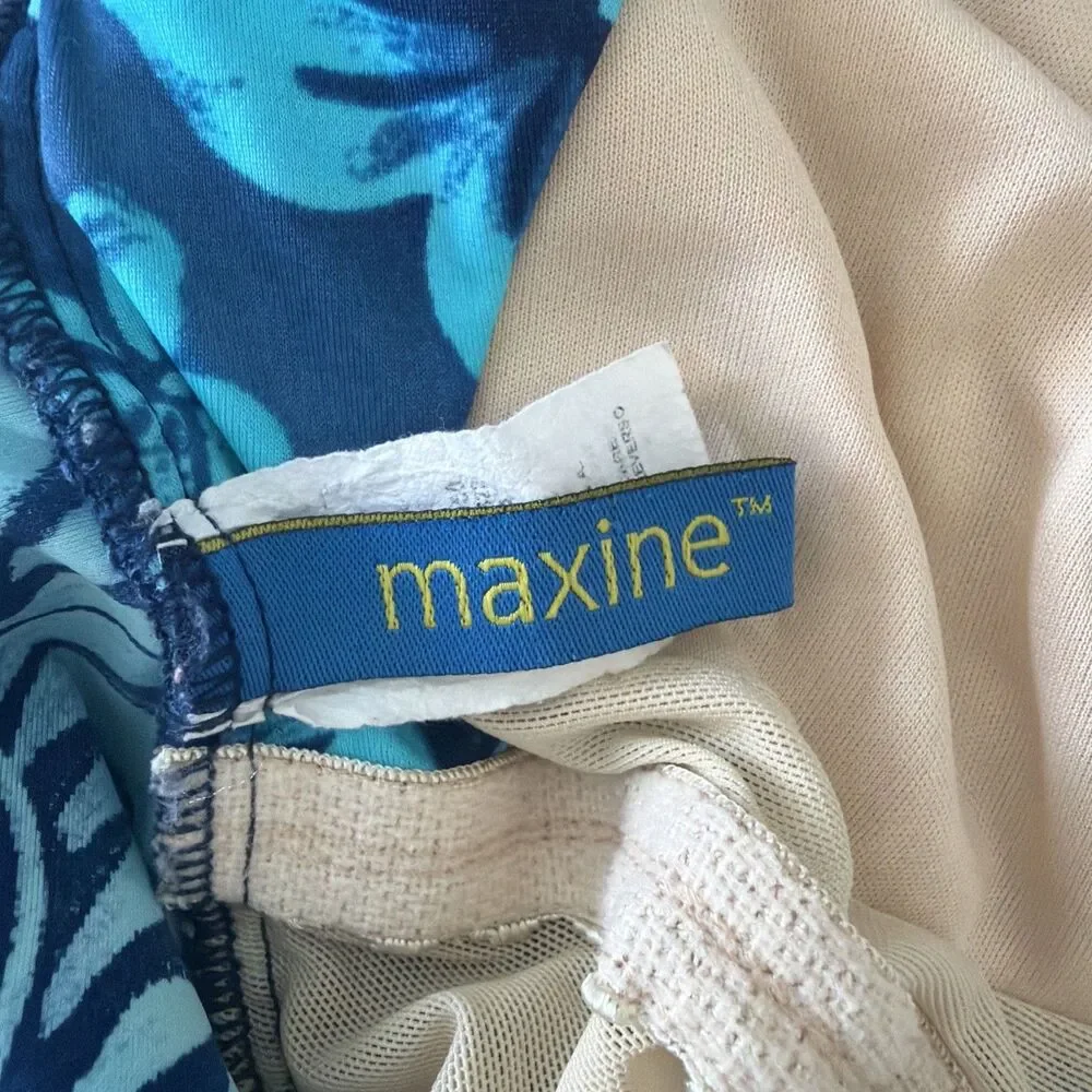 Vtg Maxine of Hollywood Sz 12 Blue Floral One Piece Swimsuit Ruched Tropical 90s